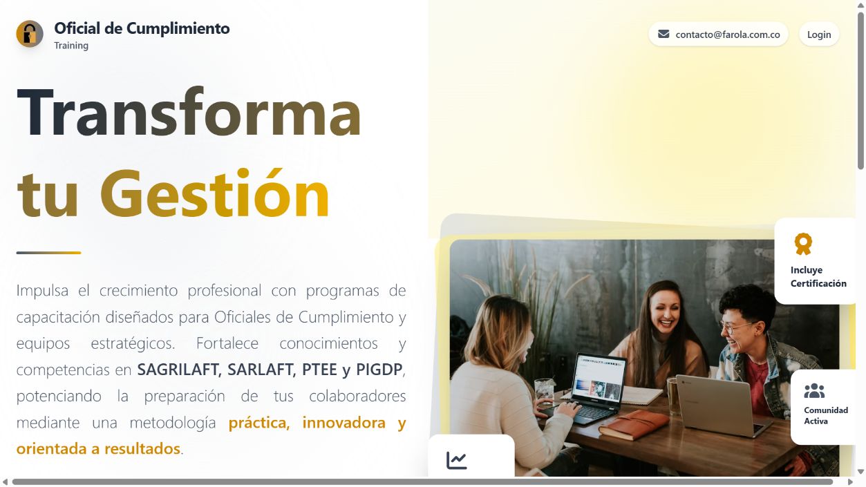 Página de presentación de Training Oficial de Cumplimiento, con información de sus capacitaciones.